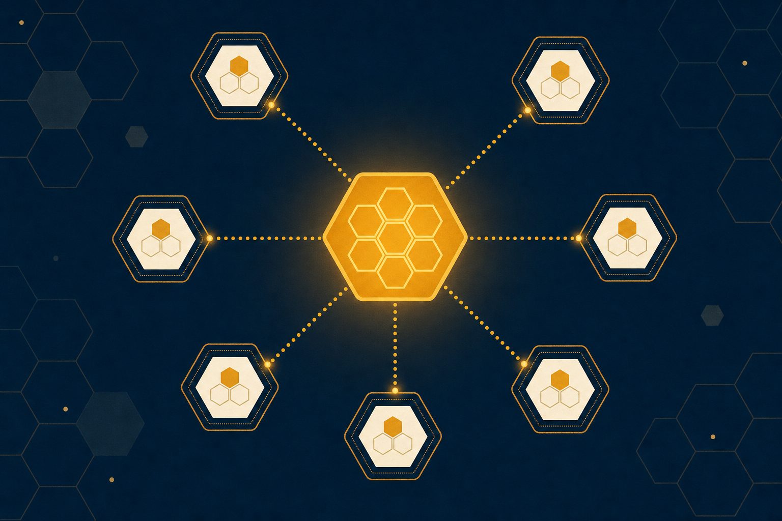 Illustration of a central hive linked to lender nodes — getting matched with a lender